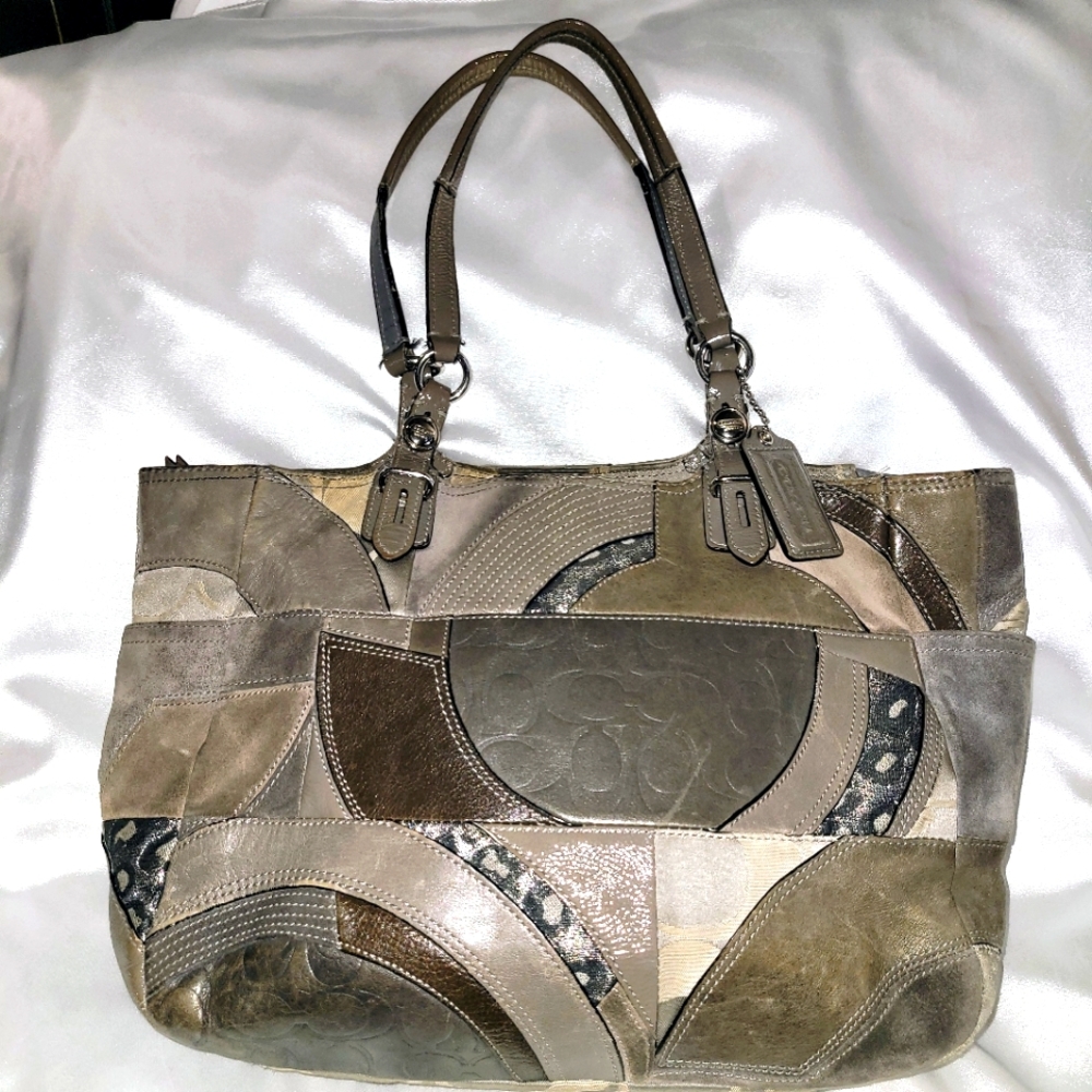 COACH🎀👜Ocelot Gray Patchwork East-West Tote / Shoulder Bag  F15459